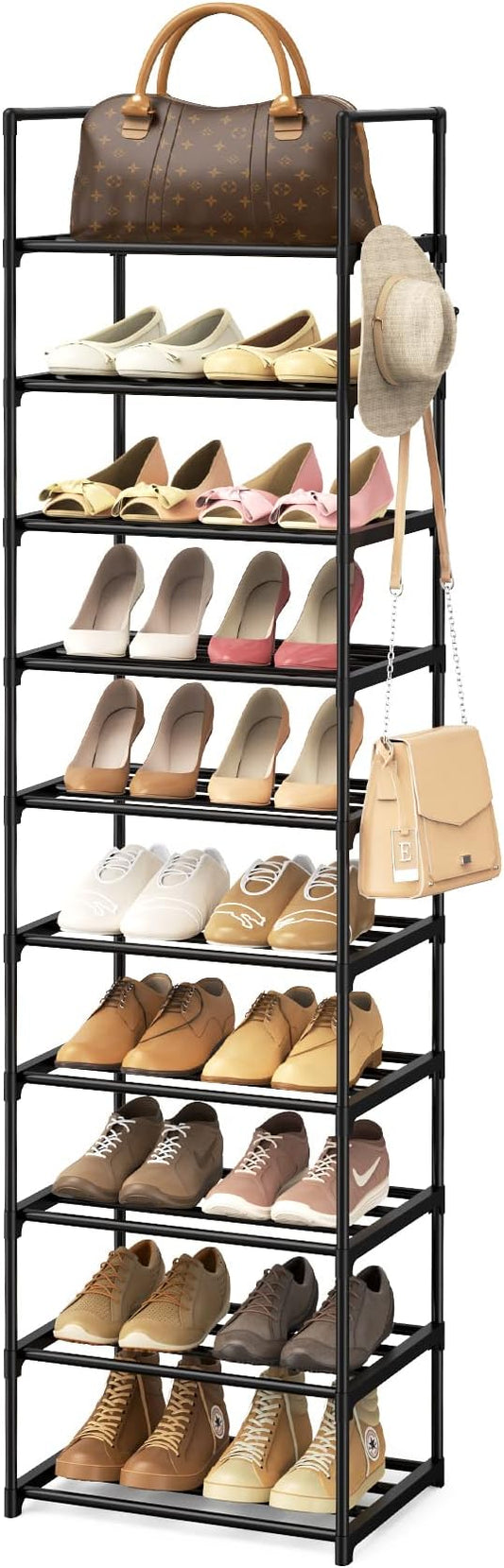 Narrow Shoe Rack 10 Tiers Tall Shoe Rack for Entryway Closet 20 24 Pairs Shoe & Boots Organizer Storage Shelf Durable Black Metal Stackable Shoe Cabinet with Hooks, 17.1D x 11.8W x 78.7H in