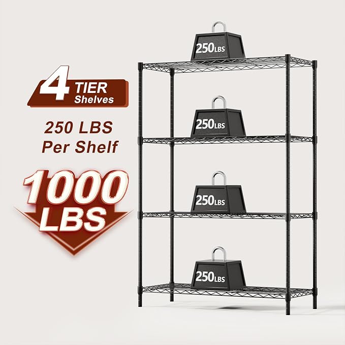 BestOffice | 4-Tier Wire Shelf | 36" x 14" x 54" | Black | Storage Shelves with Adjustable Racks, Holds upto 1000 lbs | Rust-Resistant, No-Tool Assembly | For Home, Garage