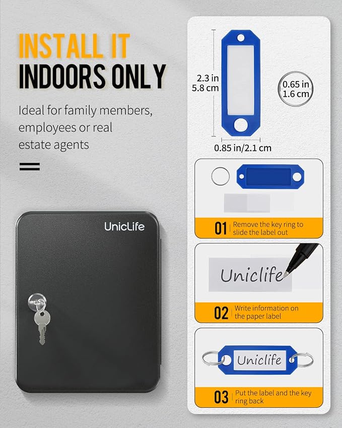 Uniclife Steel Key Cabinet Wall Mounted Organizer - 28 Keys, 2 Unlocking Keys - Black Frosted Security Box with Hooks and Color-Coded Labels