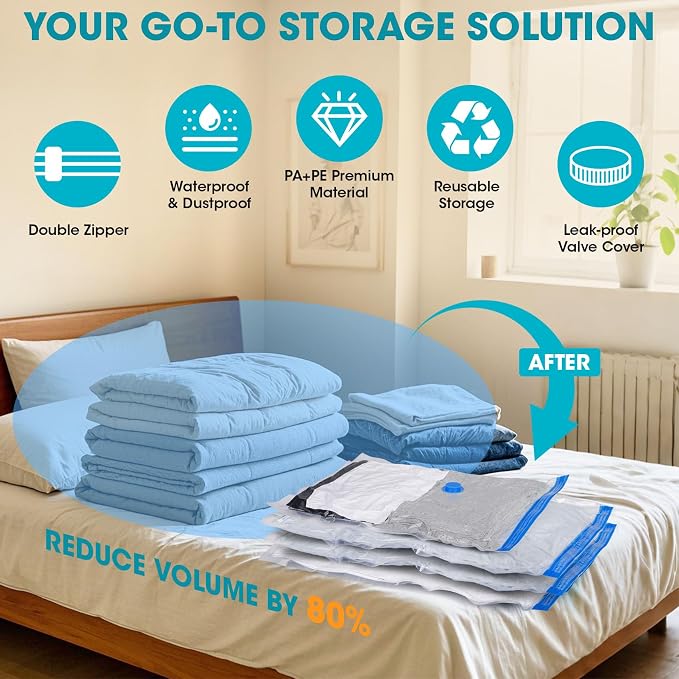 Vacuum Storage Bags with Hand Pump, 12 Large Compression Space Saver Vacuum Seal Bags for Clothing, Travel, Luggage, Comforters, Blankets, Pillows, Bedding, Duvets