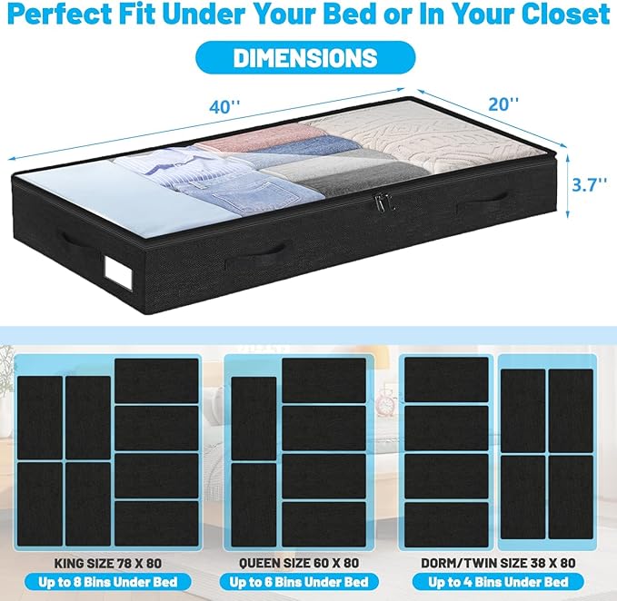 4 Inch Low Profile Under Bed Storage Drawer 4 Pack, Lightweight Underbed Clothes Storage Container Bins With NO STURCTURE, Shallow Storage Bag for Dorm & Home, With Clear Lids & Water-Resistant Fabric
