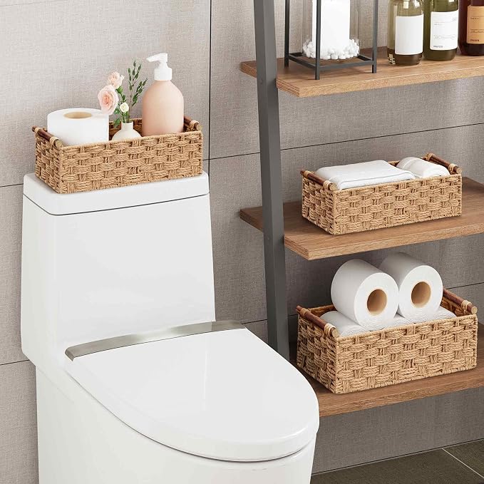 Vagusicc Wicker Storage Basket, Set of 2 Hand-Woven Paper Rope Wicker Basket for Organizing with Handle Decorative Storage Bins for Counter Shelf Table Toilet Paper Basket for Toilet Tank Top, Natural