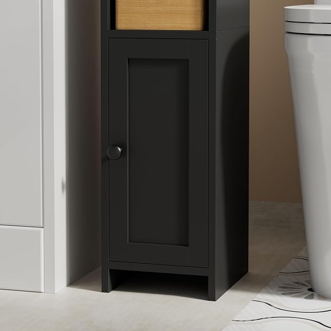 Homhedy Small Bathroom Storage Cabinet, Narrow Toilet Paper Cabinet | Corner Floor Cabinet with Door and Shelves, Slim Bathroom Cabinet for Small Spaces, 7.9" D x 7.1" W x 31" H, Black