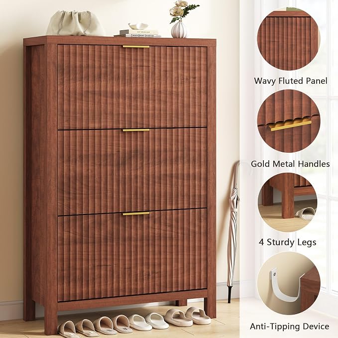 32" Fluted Shoe Cabinet Storage with 3 Flip Drawers for Entryway, Hallway | Hidden Shoe Rack Slim Freestanding Shoe Organizer with Legs for Hallway, Living Room, Red Walnut