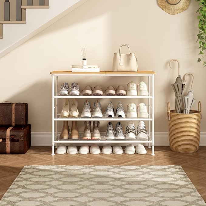 SUOERNUO 4 Tier Shoe Rack Organizer for Closet Shoe Storage for Entryway | Free Standing with MDF Top Board,Sturdy Metal Frame,Ideal for Living Room,Hallway White Nordic Walnut