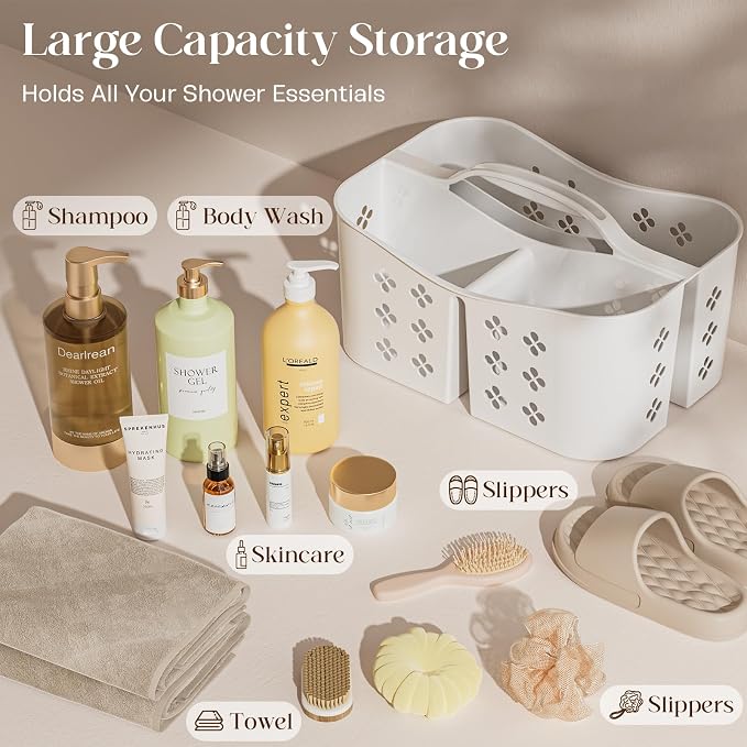 Portable Shower Caddy with Handle, Large Capacity Shower Basket Organizer, Quick-Drain Bathroom Storage Tote, Durable Plastic Shower Organizer for College Dorm, Beach, Gym, Travel Essentials, White