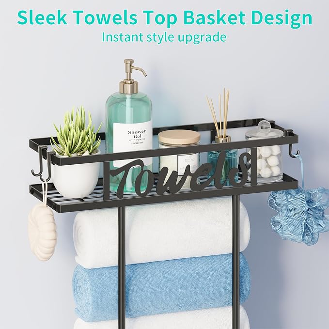 HapiRm Rolled Towel Racks for Bathroom - Towel Storage for Above Toilet | Space-Saver Wall Mounted Towel Holder with Metal Top Basket & 4 Hooks, Fit for Bathtub, Vanity, Small Bathroom, Camper, RV