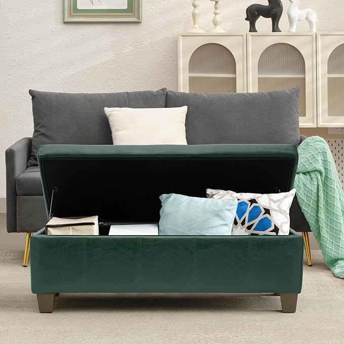 41" Storage Ottoman, Storage Bench with Safety Hinge, Upholstered Synthetic Leather Ottoman Bench for Bedroom, Living Room, Entryway, Hallway, Foot Rest, Support 500lbs