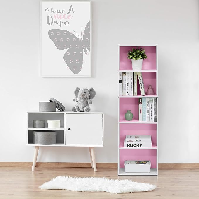 Furinno LUDER Book Shelf, 5-Tier Bookshelf, Bookcase with Open Shelves, 9.4 x 15.8 x 52, Easy Assembly, for Living Room, Bedroom, Home Office, White/Pink