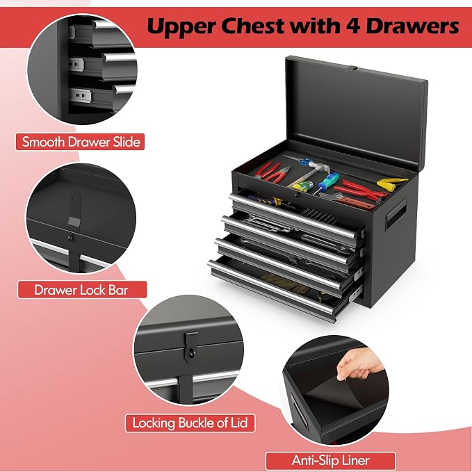 Goplus Tool Chest, 5-Drawer Rolling Cabinet with Detachable Top Toolbox, Lockable Wheels, Lock Bar, Protective Liner & Tool Rack, Metal Storage Cart for Garage Workshop