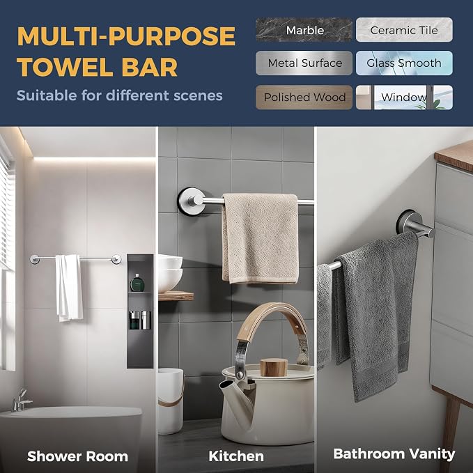 14.6inch~24inch Towel Racks for Bathroom,Adjustable Suction Cup Towel Bar for Bathroom Wall,Stainless Steel Bath Towel Holder for Shower,2 Pack(Brushed Silver)