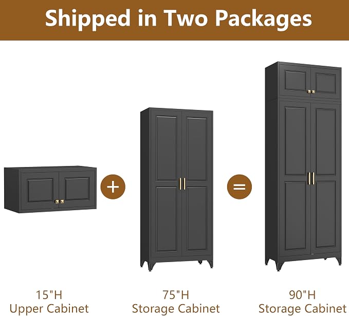 Polup 90" Pantry Cabinet, Tall Metal Storage Cabinet with Doors and Shelves | Black Kitchen Cabinet, 5 Adjustable Shelving, Heavy-Duty, 2 Gold Handles, 4 Standing Feet, for Dining Room Garage & Laundry