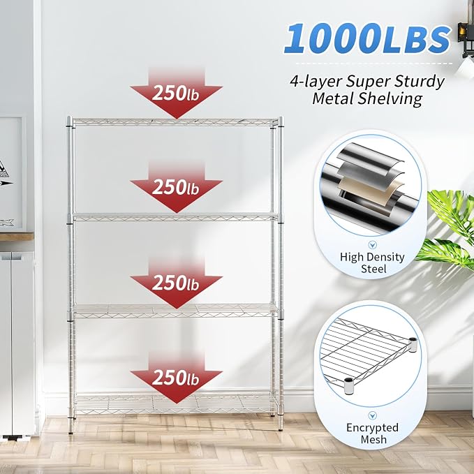 BestOffice | 4-Tier Wire Shelf | 36" x 14" x 54" | Chrome | Storage Shelves with Adjustable Racks, Holds upto 1000 lbs | Rust-Resistant, No-Tool Assembly | For Home, Garage