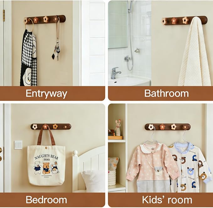 Kids Coat Rack Wall Mount - Wood Cute Flower Coat Hooks for Hanging Clothes,Purse,Robe,Towels,Backpack,Modern Decorative Walnut Wall hooks Heavy Duty Hanger for Girls Nursery,Bathroom,Entryway&Bedroom