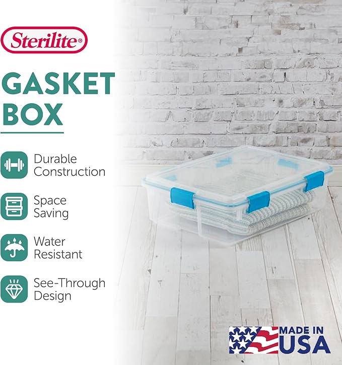 Sterilite Gasket Storage Box with Lids for Home & Office, 37 Quart, 12-Pack | Heavy-Duty, Stackable, and Organizing Containers for Bathroom, Cabinet, Closet, and Garage, Clear and Blue Aquarium Latches