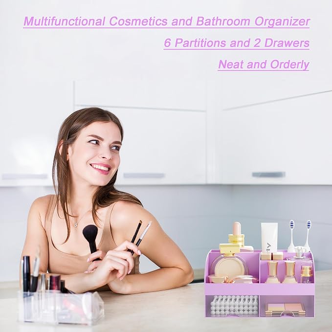 Makeup Organizer with 2 Drawers, Cosmetic Storage for Dresser Vanity and Bathroom Countertop,Make up organization and Skincare Storage with Beauty Brush Holder, Cosmetic Display Case (Purple)