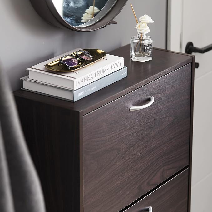 Haotian Narrow Shoe Cabinet for Entryway | Slim Freestanding Shoe Rack with 2 Flip-Drawers, Hidden Storage Shoe Organizer Hallyway Mudroom, Brown, FSR110-K-BR