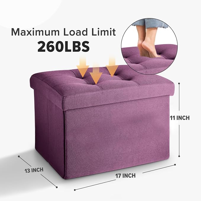 LINMAGCO Storage Ottoman Folding Foot Stool Foot Rest with Side Pocket Modern Ottoman with Storage Short Sofa Stool Linen Cloth 17x13x13(Purple)