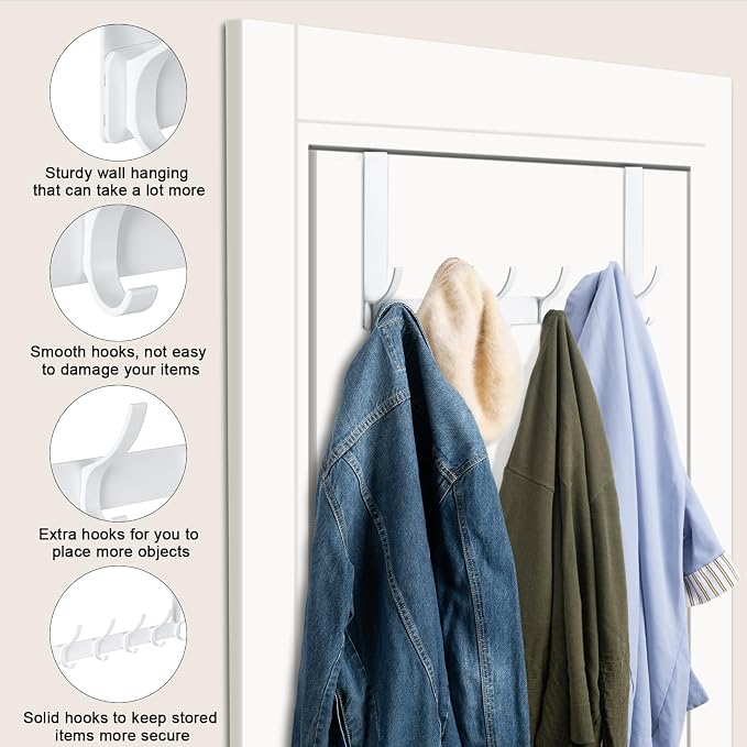 Over The Door Hooks,Door Hanger Hooks for Hanging (White, Fit 1-3/4" Doors) | Sturdy Door Hanger,Towel Racks for Bathroom with 12 Coat Hook,Coat Rack,Large Over The Door for Bathroom,Bedroom,Kitchen ﻿