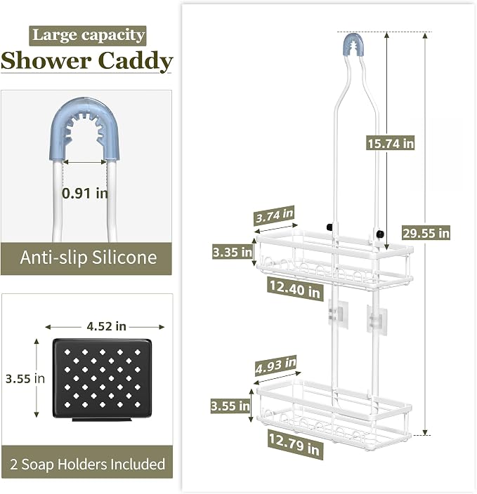 Skyapex Shower Caddy Hanging: Adjustable Height Organizer for Over Showerhead - Rustproof Shower Shelves with Hooks & 2 Soap Holders, White