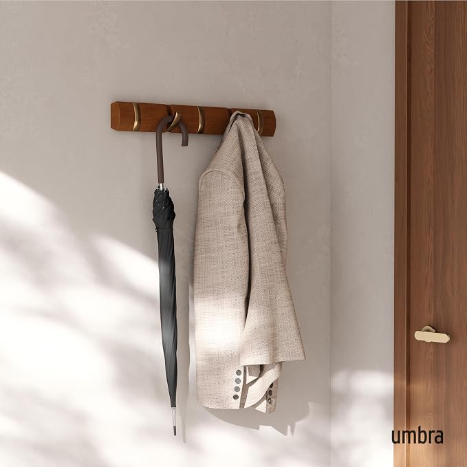 Umbra Flip Coat Rack, Wall Mounted 5-Hook Space Saving, Walnut/Gold | Real wood and steel build, retractable hooks fold flat, holds coats bags and scarves, easy install