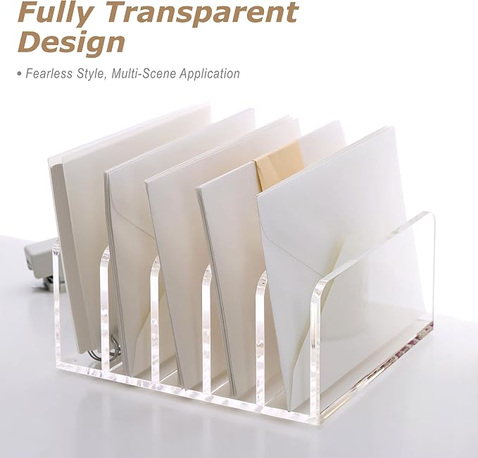 SANRUI Clear Mail Organizer Desk Sorter, Acrylic Letter File Holder 5-Slot | Office Document Mails Storage, Multifunction Letter Folder Racks Holders for Office,Home, School Desk Organization