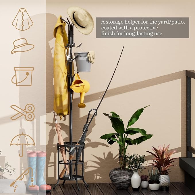Coat Rack Freestanding with Umbrella Holder – Metal Hanger Stand, Hall Tree with 12 Hooks, Entryway Organizer for Hats, Bags, and Clothes (Black)