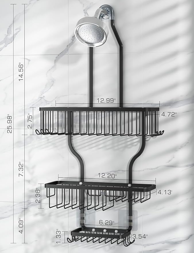 YASONIC Never Rust Shower Caddy Hanging, Aluminum Shower Racks for Inside Shower, 3-Tier Shower Organizer Hanging Over Shower Head with Hooks and Soap Holder, Black
