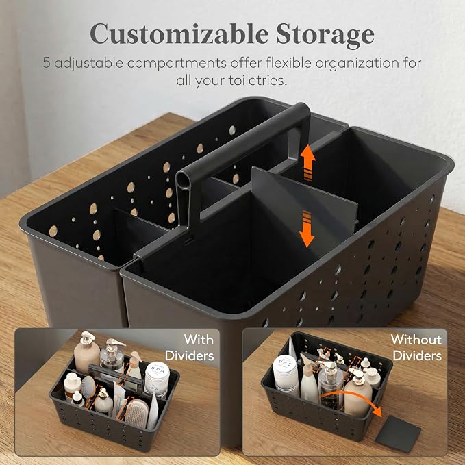 Lifewit Shower Caddy Portable, Caddy Organizer with Handle and Adjustable Dividers, Plastic Shower Basket for Dorm Room Essentials, College, Bathroom, Black, 1 Pack