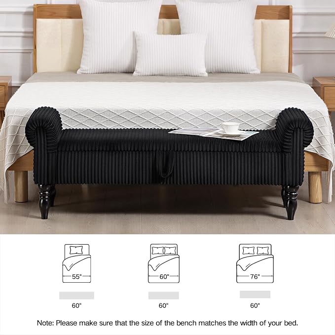 60" Storage Bench for Bedroom,End of Bed Bench with Storage | Corduroy King Size Bench with Rolled Arms,Storage Ottoman Benches for Living Room,Entryway,Benches for Foot of Bed,Black