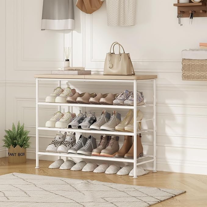 SUOERNUO 4 Tier Shoe Rack Organizer for Closet Shoe Storage for Entryway | Free Standing with MDF Top Board,Sturdy Metal Frame,Ideal for Living Room,Hallway White