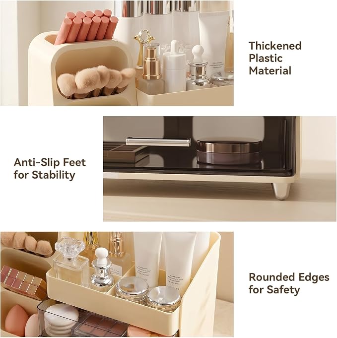 Makeup Organizer for Vanity with Brush Holder and 2 Drawers, Cream | Large-Capacity Makeup Holder Organizes Skincare, Cosmetics and Daily Beauty Products for Tidy Vanity and Bathroom Counters