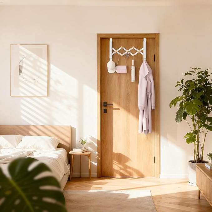 Over The Door Hooks with 7 Wood Hooks, Foldable Collapsible Clothes Drying Rack & Towel Hanger, Space-Saving Door Organizer for Laundry, Coat, Bedroom, Dorm and Bathroom