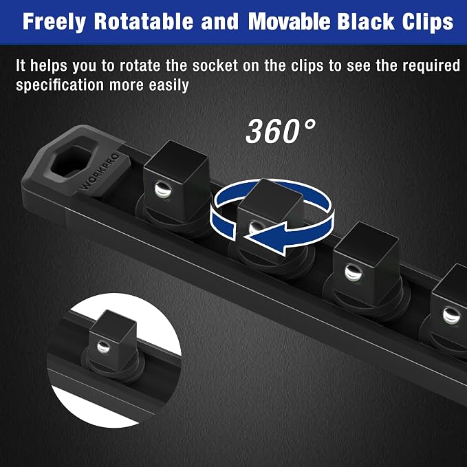 WORKPRO Magnetic Socket Organizer, Heavy Duty 3/8-Inch Drive Socket Rail | 1 Piece Socket Holder with 10 Spots, Aluminum Alloy, Rotatable & Movable Clips, Efficient Organization