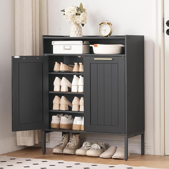 HOOBRO Shoe Cabinet, 6-Tier Shoe Storage Cabinet, Shoe Organizer Cabinet with Adjustable Shelves, Shoe Cabinet Storage with Doors, Shoes Rack Organizer Cabinet for Entryway, Hallway, Black BK15SC01