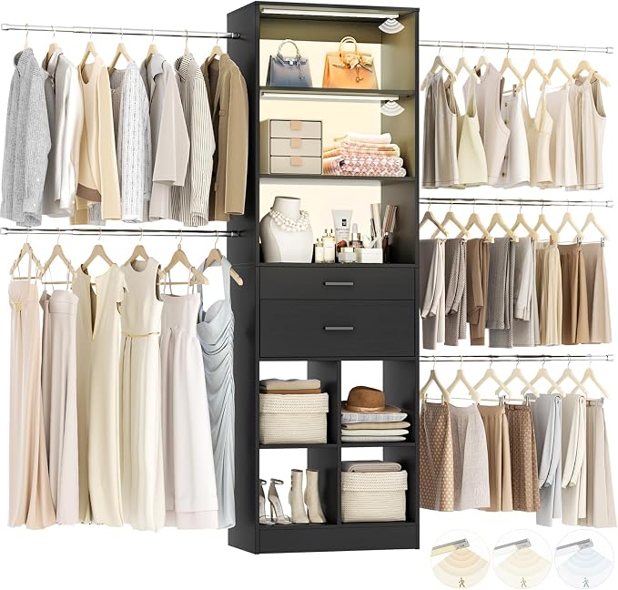 Besiost Closet System, 4-8 FT Closet Organizer System with Smart Sensor Lights, 2 Wooden Drawers and 5 Hanging Rods, Can Fit 60 to 96 inch Walk-in Closet System, Black