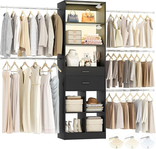 Besiost Closet System, 4-8 FT Closet Organizer System with Smart Sensor Lights, 2 Wooden Drawers and 5 Hanging Rods, Can Fit 60 to 96 inch Walk-in Closet System, Black