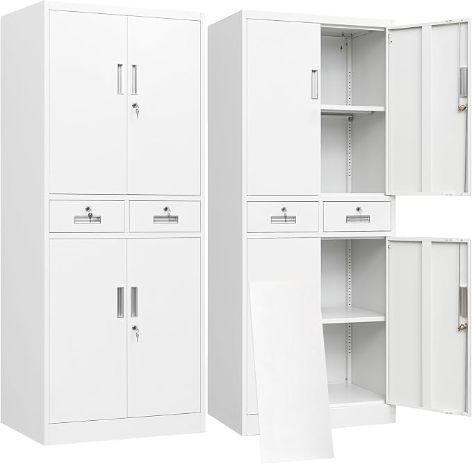 BESFUR Metal Storage Cabinet with 2 Drawers 4 Doors and 2 Adjustable Shelves Garage Storage Cabinet with Lock 71" Office Storage Cabinets Locking Cabinets for Garage Office Shop Home (White)