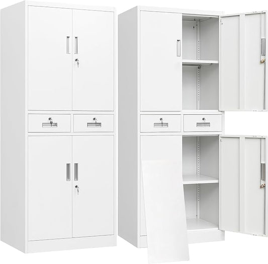 BESFUR Metal Storage Cabinet with 2 Drawers 4 Doors and 2 Adjustable Shelves Garage Storage Cabinet with Lock 71" Office Storage Cabinets Locking Cabinets for Garage Office Shop Home (White)