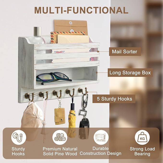 Key Holder Wall Mount with Mail Organizer, 5 Key Hooks, White | Wood Mail Organizer Wall Mounted with 5 Key Hooks & Storage Box and Mail Organizer for Entryway, Apartment, Home and Office