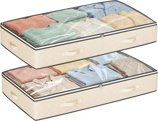 Budding Joy 90L Under Bed Storage Containers, 2 Pack Beige | Underbed organizers and clothing storage bags, closet storage bins with for blanket comforter bedding clothes bedroom dorm