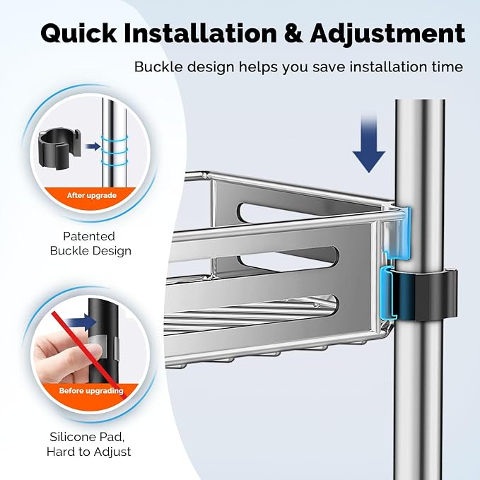HAMITOR Corner Shower Caddy Tension Pole: Quick Installation 4-Tier Rustproof Bathroom Organizer Shelves for Bathtub Shampoo Storage - 47-121 inch Adjustable Floor Standing Bath Rack Holder - Silver | No-Drill Setup, Adjustable Height Tension Pole, Rus...