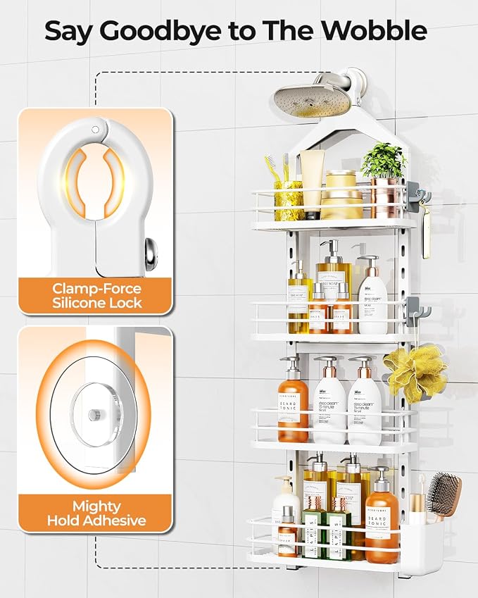 ODesign 4 Tier Adjustable Shower Rack Hanging Over Head Anti-Swing White | Shower organizer hanging,no drilling required,comes with removable hook and storage box, suitable for indoor showers