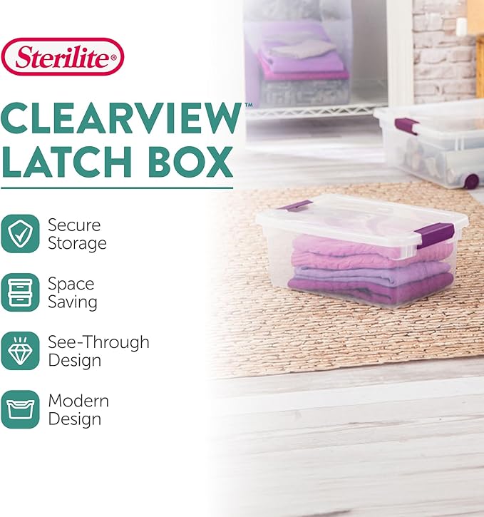 Sterilite ClearView Latch Boxes, Storage Bins with Lids, 15 Quart, 36-Pack | Clear Plastic Organizers with Color Accent Latches for Closet, Bedroom, Shelving Units, Dorm Room and Home Organization