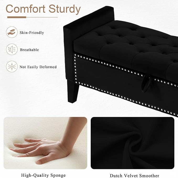 Velvet Storage Ottoman Bench, 46'' Upholstered Button Tufted End of Bed Bench, Modern Entryway Ottoman with Arms, Black