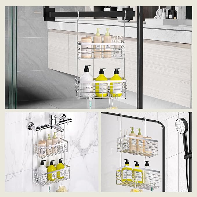 DELLAN Hanging Shower Caddy, 2-Tier Shower Rack with Hooks Over the Door | Bathroom Shower Caddy and Basket