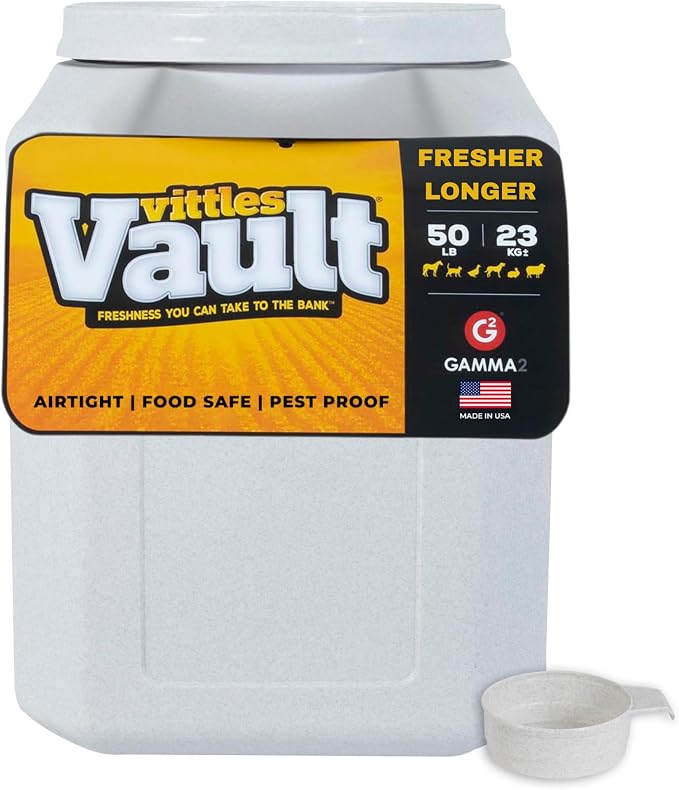 Vittles Vault Traditional Pet Food Storage Container For Dog Kibbles/Bird Seed/Oatmeal/Rice/Flour/Cereal, BPA Free Plastic, Sealed Airtight For Cat Food, Up To 50 lb, Made in USA, With Scoop, Gray