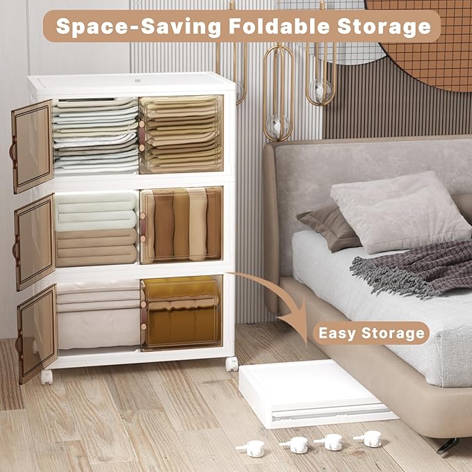 Stackable Storage Bins with Lids, 504QT Closet Organizers and Storage Cabinet with Doors & Wheels, Lockable Plastic Foldable Drawers for Bedroom Dorm Office Garage（168QT*3,White）