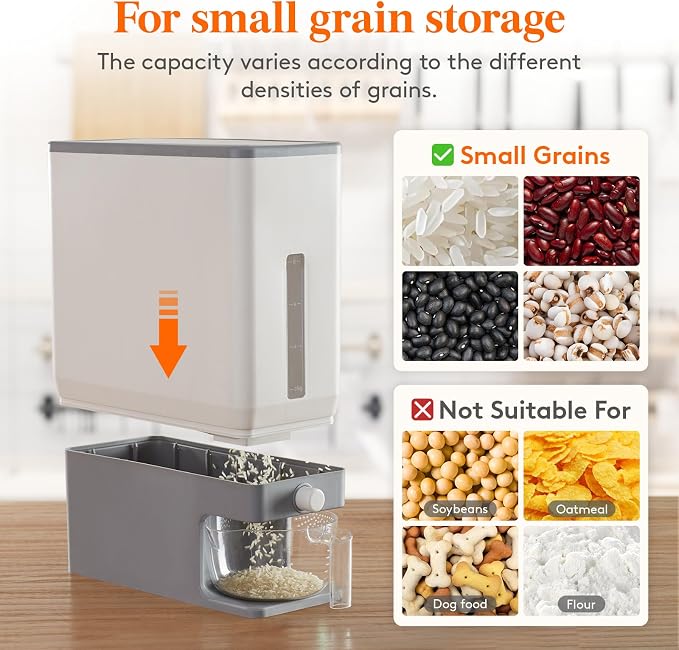 Lifewit Rice Dispenser 25 Lbs(11.3kg), Rice Storage Container Sealed Moisture Proof with Measuring Cup for Kitchen Pantry Household, BPA-Free, 1 Pack Grey