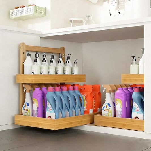 Bamboo Undersink Organizer Storage - 2-Tier Cabinet Shelf with Adjustable Levels, Under Sink Storage Slide Out for Cabinet Pantry Kitchen Bathroom (Natural)